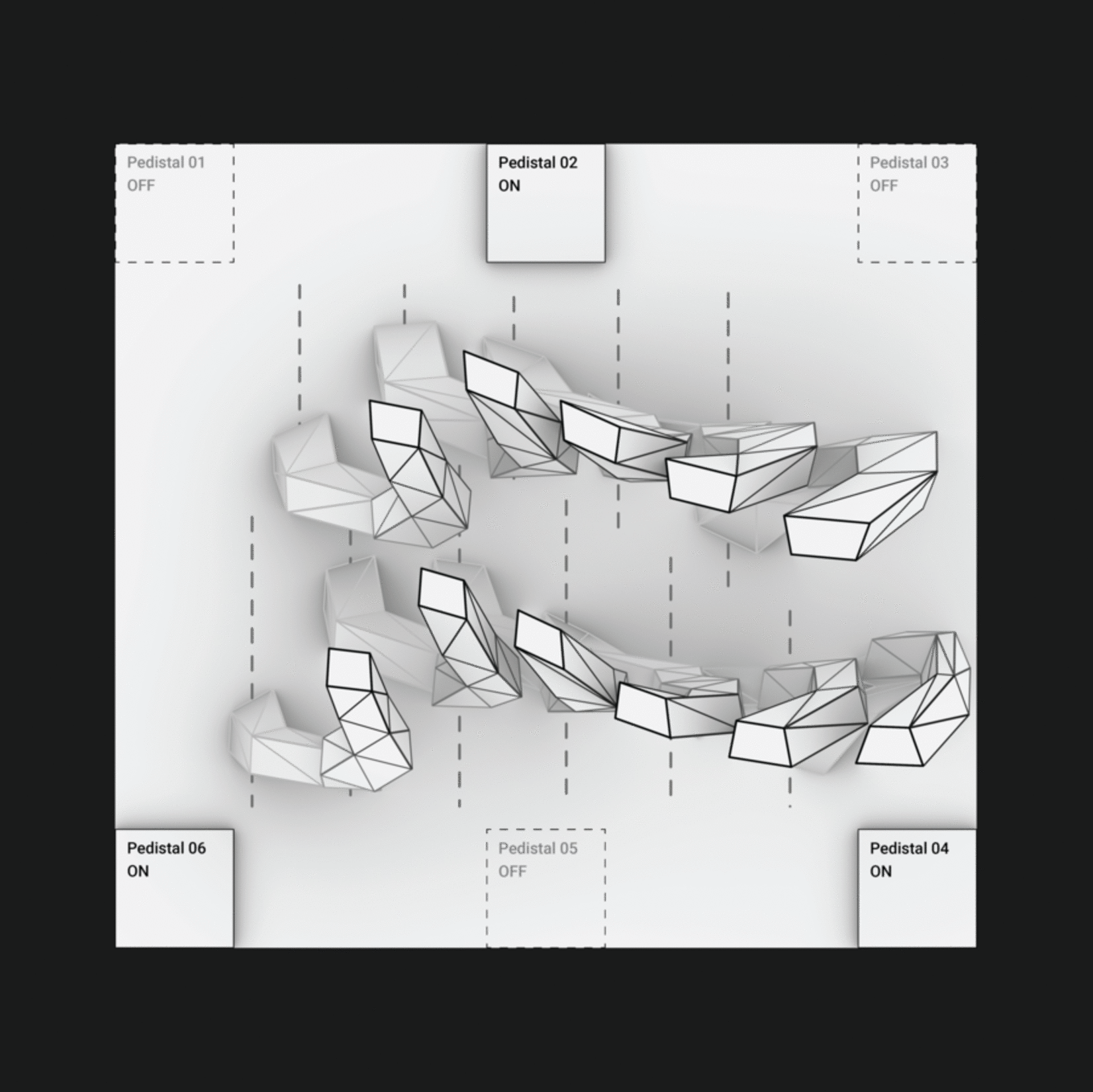 Illustration of how the Crystal Shards installation reacts to the visitors input adjusting its position.